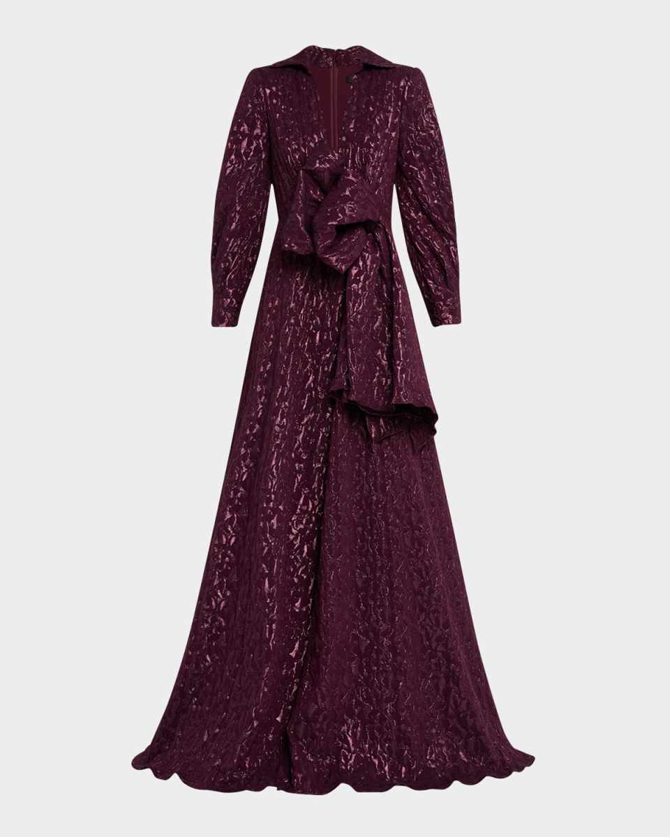 Deep V-Neck Metallic Jacquard Bow Gown